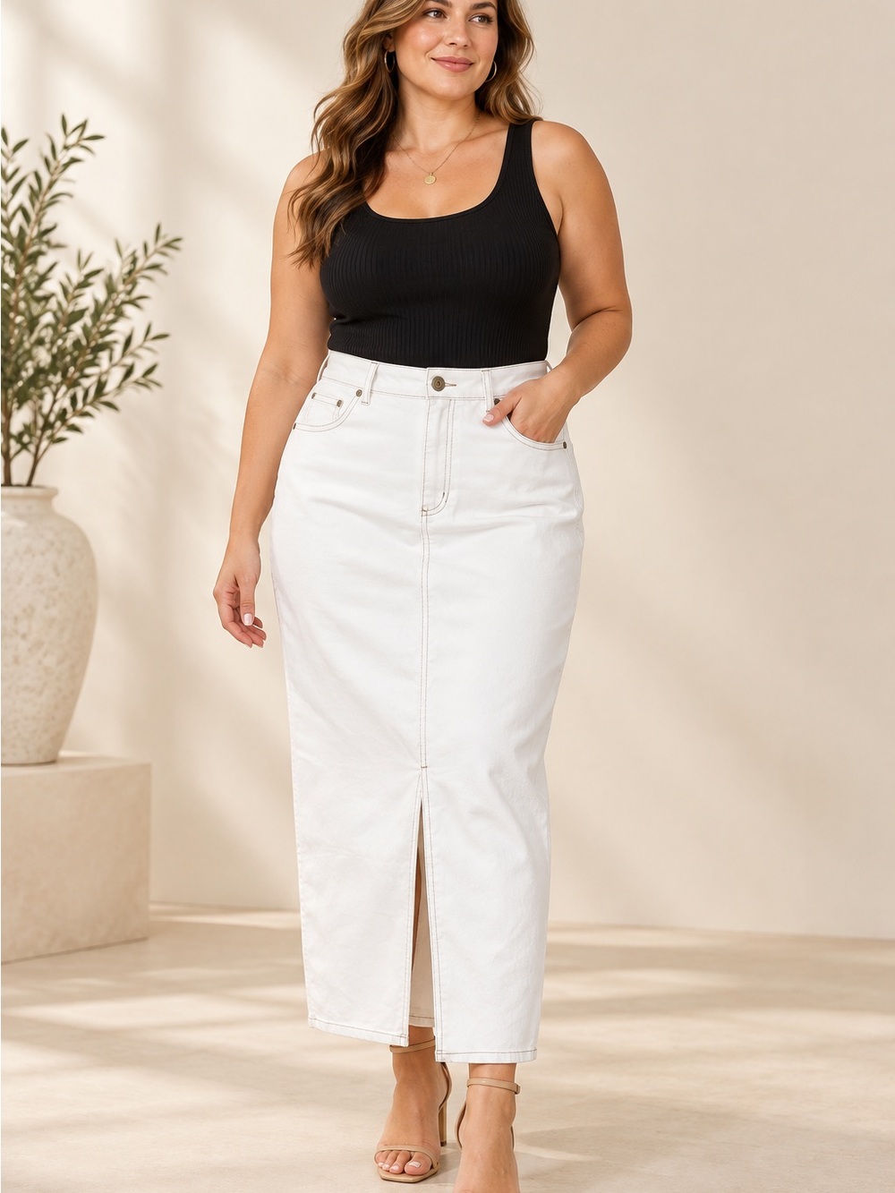Rachel Zoe White Midi Skirt with Front Slit